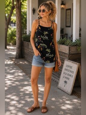NWT Old Navy Women's Size M Tropical Safari Scenic Square Neck Black Cami Tank